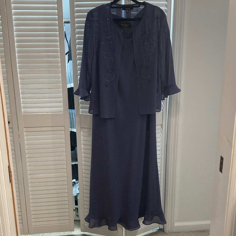 Studio Petite Lavender Blue Ensemble Shell Dress and Beaded Jacket 14 P